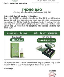 thông báo thay đổi mẫ mã serum trị mụn diếp cá igreen