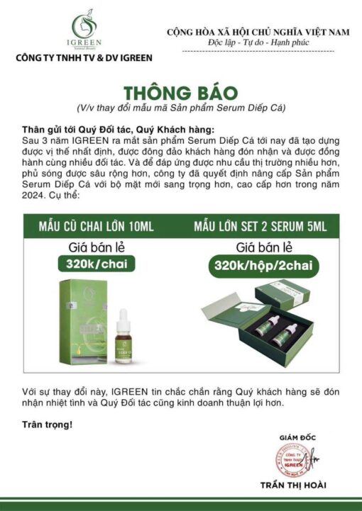 thông báo thay đổi mẫ mã serum trị mụn diếp cá igreen